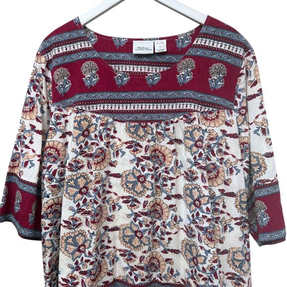 Vermont Country Store Womens Top Plus Size 1X Red Boho India Print 3/4 Sleeve - Picture 2 of 8